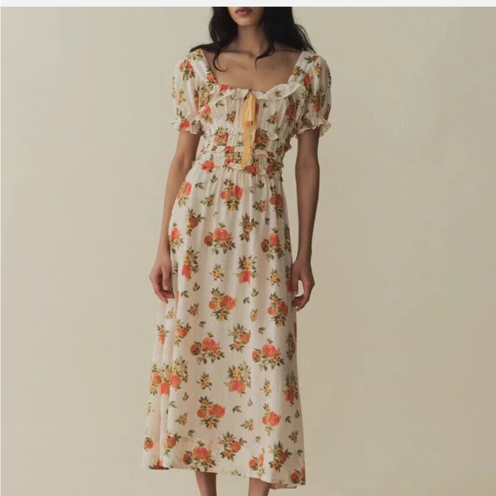 Doen Cream Midi Dress with Orange Floral Print